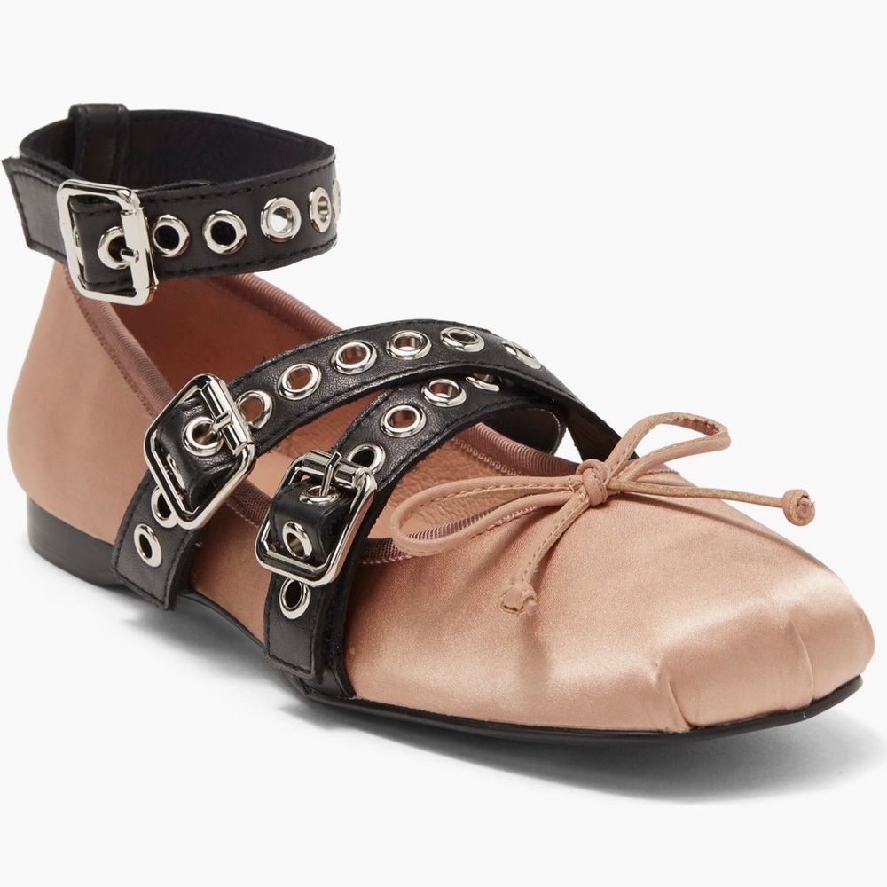 Jeffrey Campbell Choreo ballet flats in pink satin with black buckled straps. - Picture 3 of 16